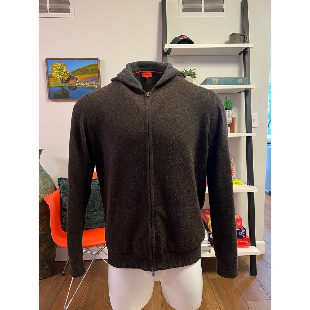 Isaia Napoli Hooded Zip-up Sweater in Cappucino - Size XL